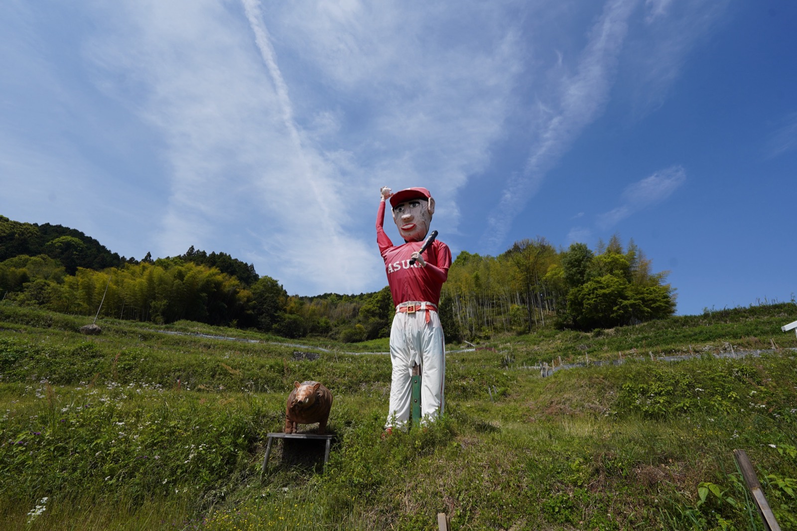 大谷翔平選手をかたどったジャンボ案山子。赤いユニフォームの胸に ASUKA の文字、足元に小さなイノシシが立つ