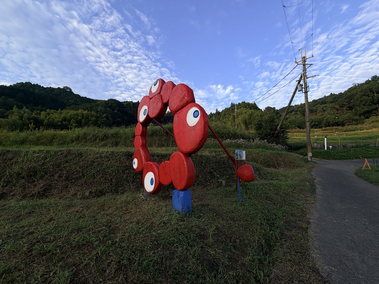 棚田の農道に立つ赤いオブジェ。白目と青い瞳を描いた楕円が連なって輪をつくっている