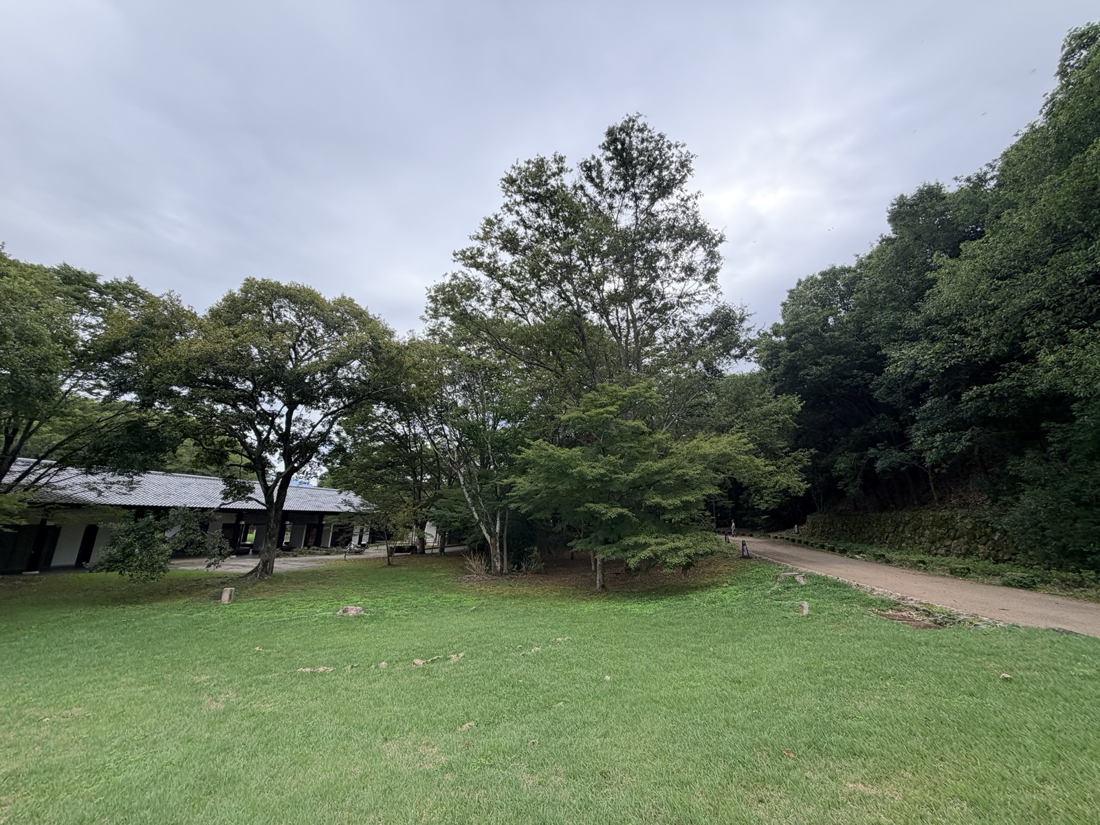 甘樫丘地区の芝生の広場。瓦屋根の休憩所が建ち、まわりを木立が囲む