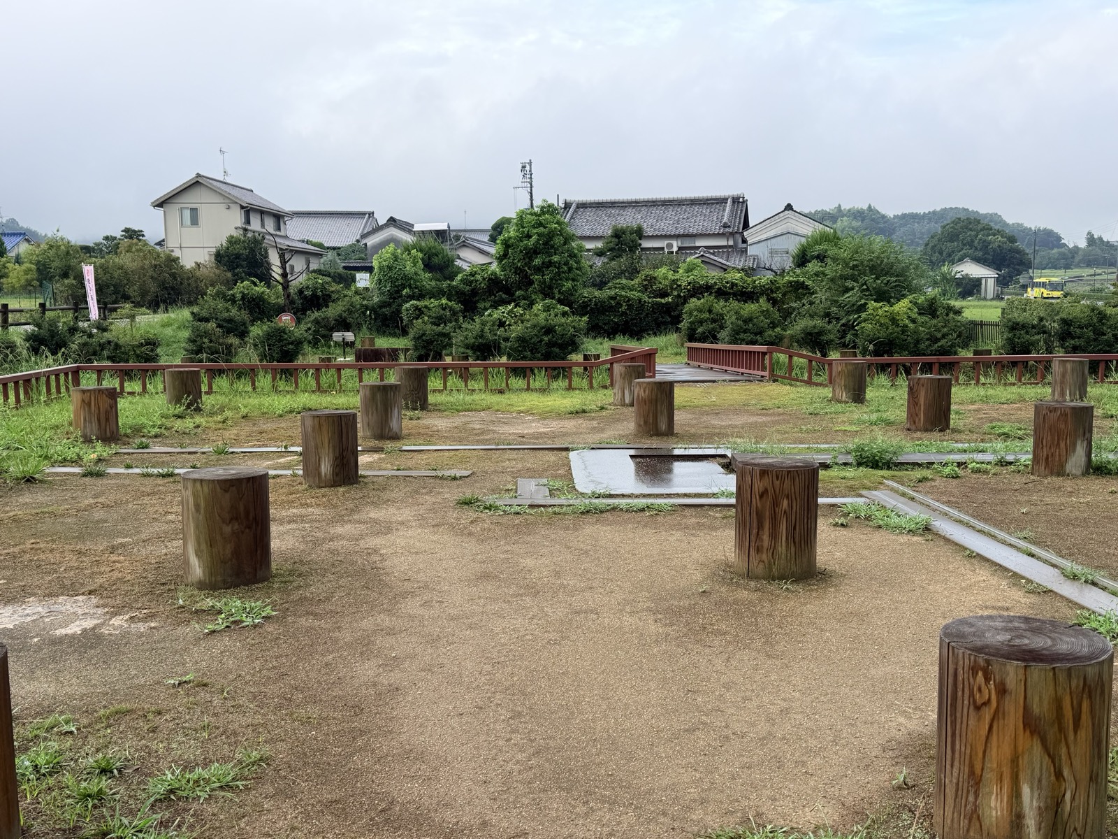 飛鳥水落遺跡の中央部。並んだ柱の跡と、水時計の水を通した石敷や導水管の跡