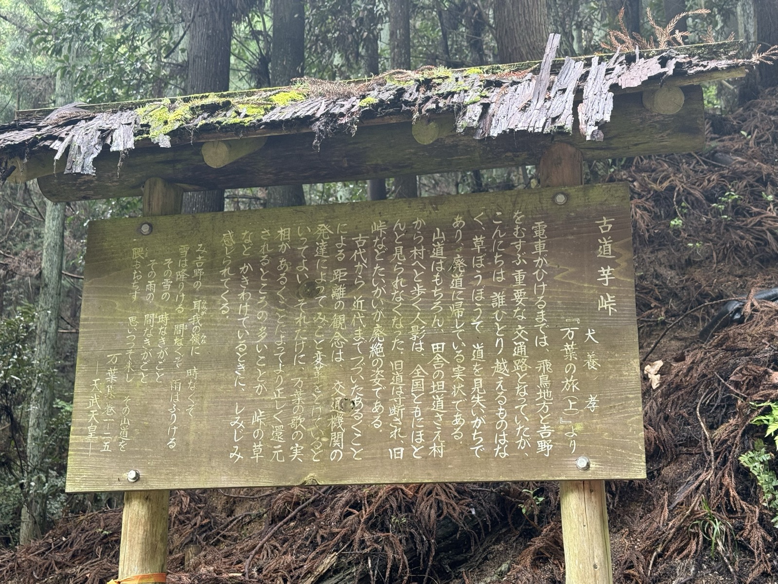 「古道 芋峠」の解説板。犬養孝『万葉の旅』の一節と天武天皇の万葉歌が記されている
