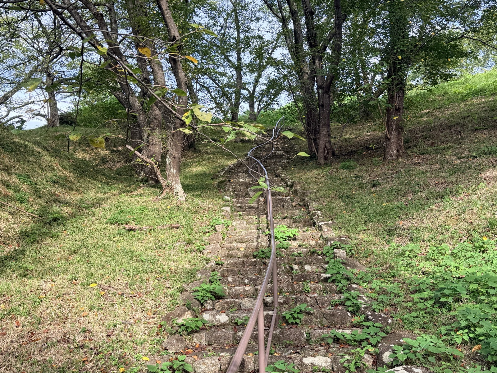 新沢千塚古墳群の墳丘のあいだを登っていく石段。両側の斜面に木立が立つ