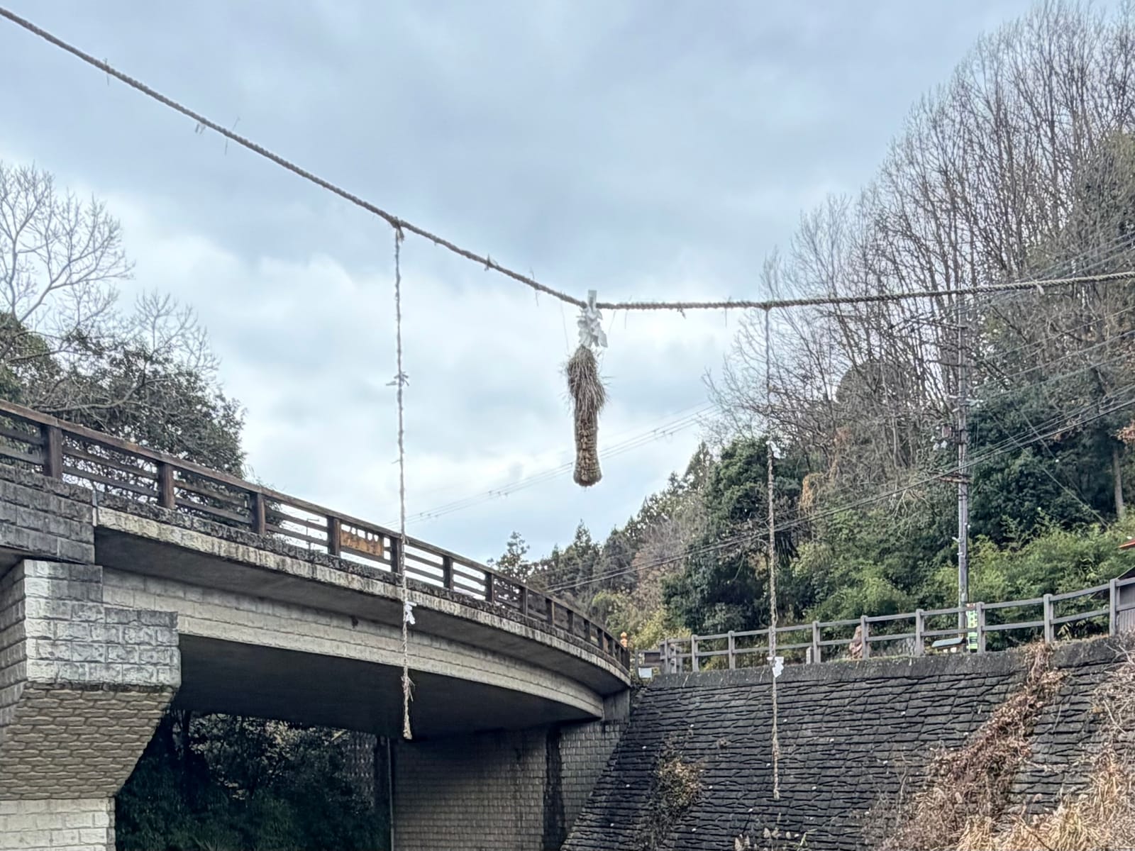 飛鳥川の上に渡された男綱。中ほどに稲藁で作られた飾りが下がり、奥に橋が見える
