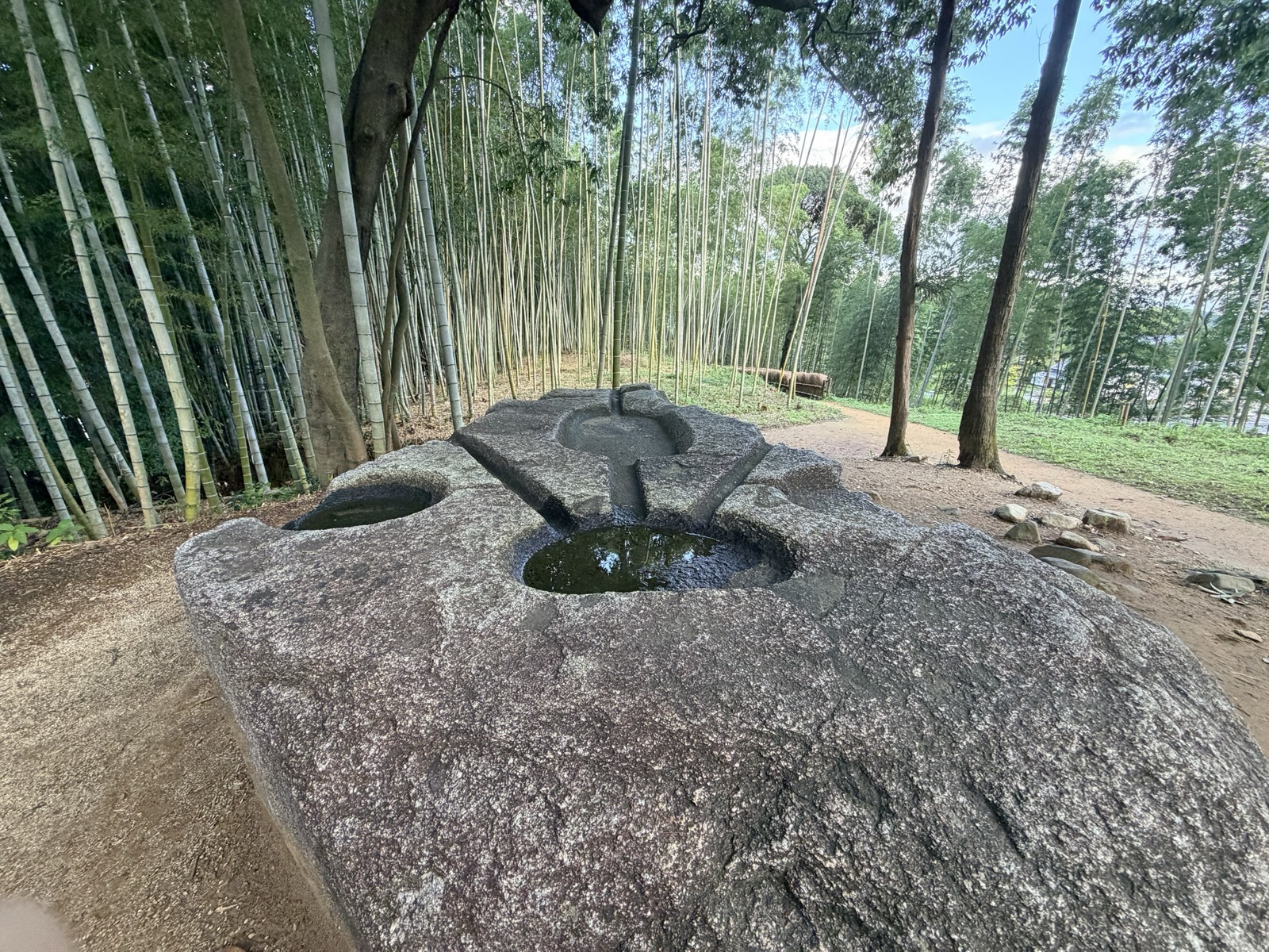 酒船石の上面。大小の円形のくぼみが細い溝でつながれ、水がたまっている