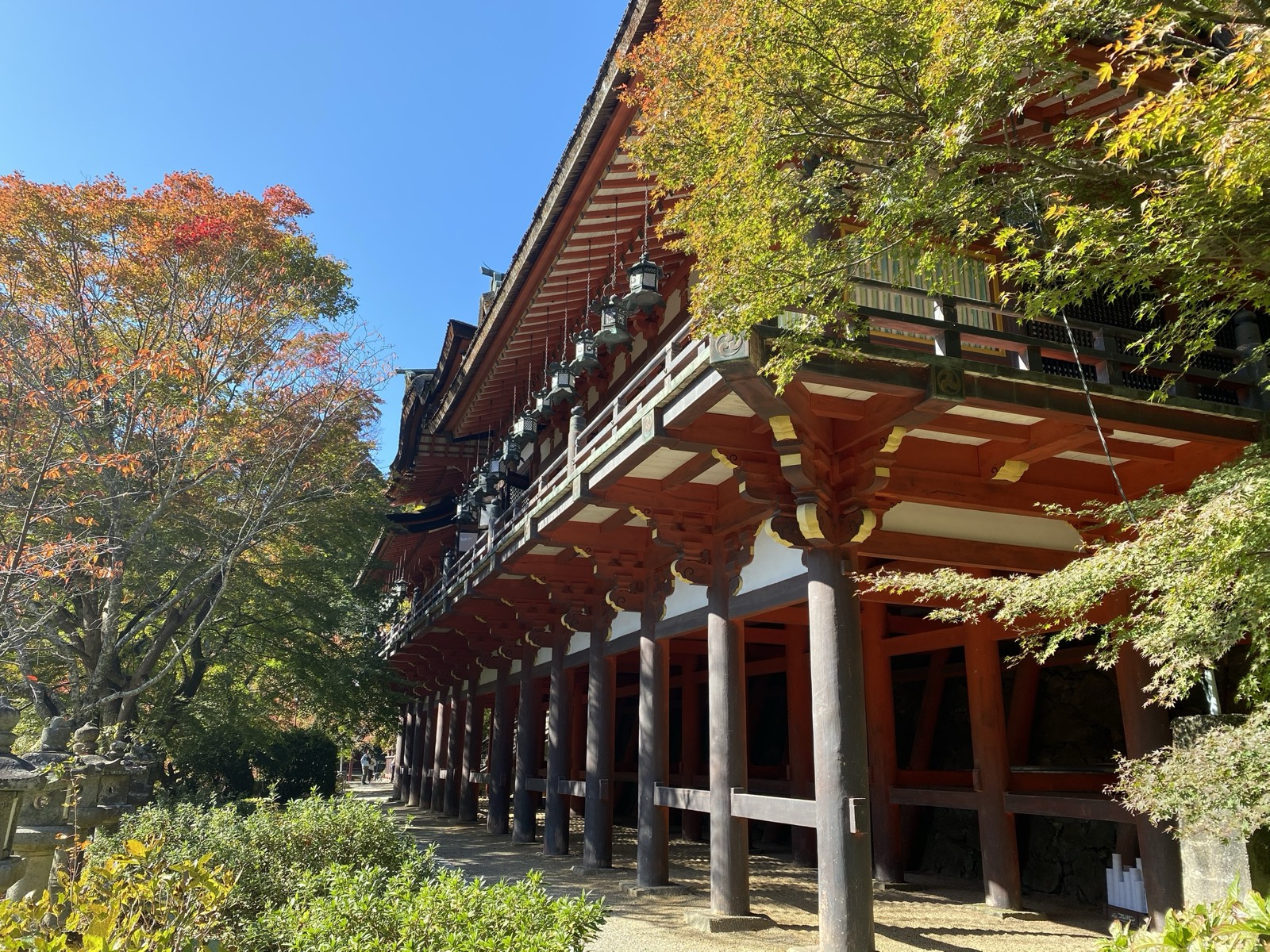 斜面に張り出した談山神社の拝殿。軒下に吊り灯籠が並ぶ