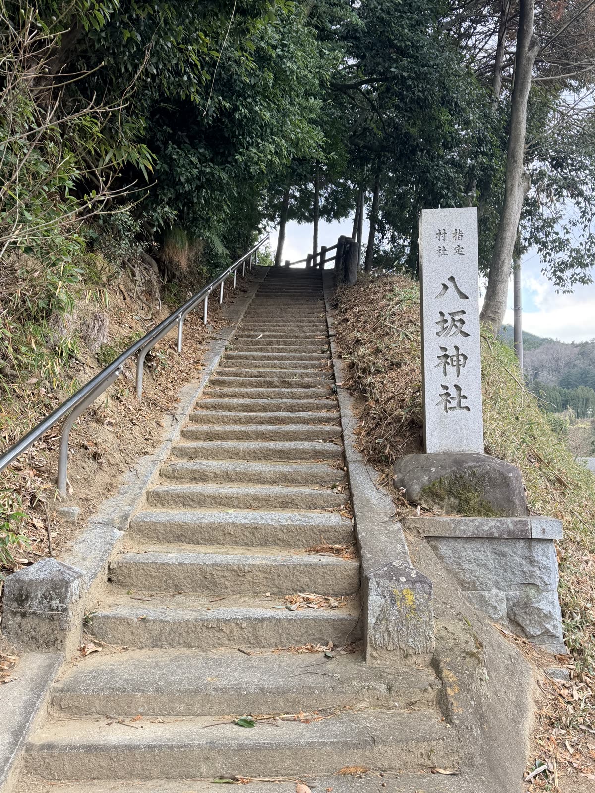 「指定村社 八坂神社」と刻まれた石標と、社殿へ続く石段